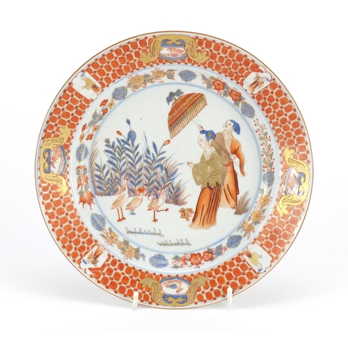 372 - Chinese porcelain plate hand painted with figures and cranes, 22.5cm in diameter