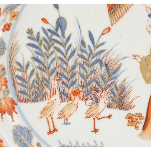 372 - Chinese porcelain plate hand painted with figures and cranes, 22.5cm in diameter