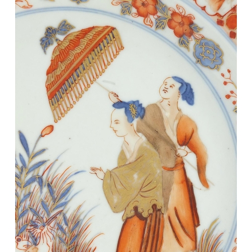 372 - Chinese porcelain plate hand painted with figures and cranes, 22.5cm in diameter