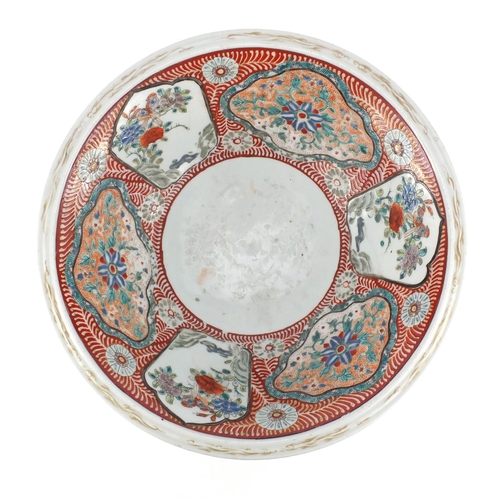 394 - Large Japanese Arita porcelain bowl, hand painted with panels of flowers, 37cm in diameter