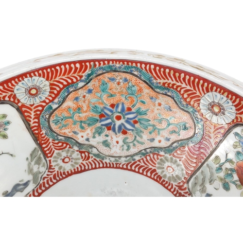 394 - Large Japanese Arita porcelain bowl, hand painted with panels of flowers, 37cm in diameter