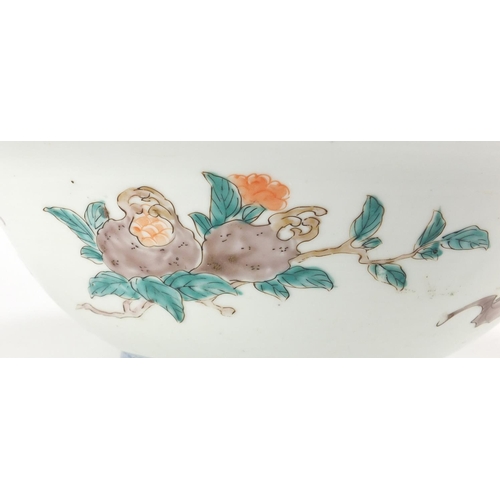 394 - Large Japanese Arita porcelain bowl, hand painted with panels of flowers, 37cm in diameter