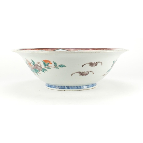 394 - Large Japanese Arita porcelain bowl, hand painted with panels of flowers, 37cm in diameter