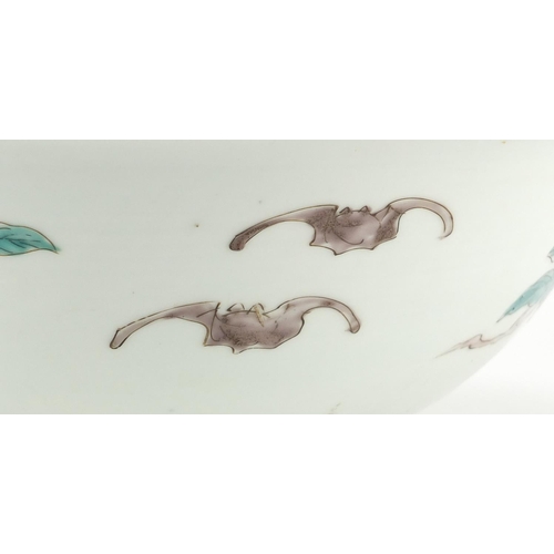 394 - Large Japanese Arita porcelain bowl, hand painted with panels of flowers, 37cm in diameter