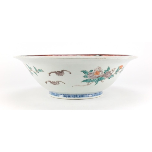 394 - Large Japanese Arita porcelain bowl, hand painted with panels of flowers, 37cm in diameter