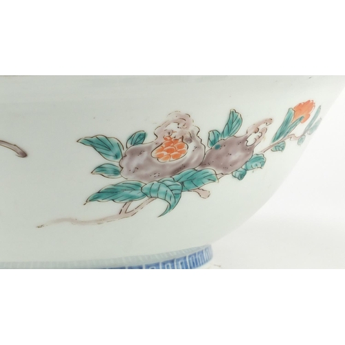 394 - Large Japanese Arita porcelain bowl, hand painted with panels of flowers, 37cm in diameter