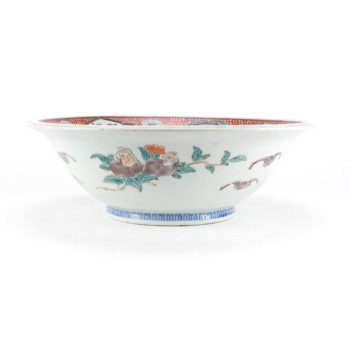 394 - Large Japanese Arita porcelain bowl, hand painted with panels of flowers, 37cm in diameter