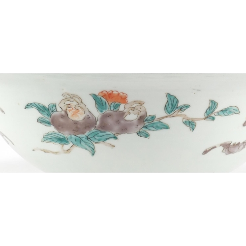 394 - Large Japanese Arita porcelain bowl, hand painted with panels of flowers, 37cm in diameter