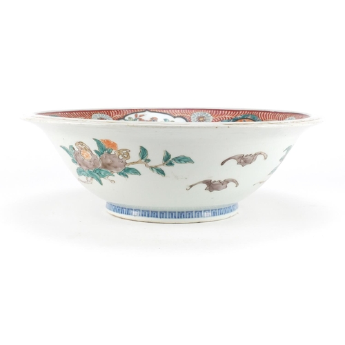 394 - Large Japanese Arita porcelain bowl, hand painted with panels of flowers, 37cm in diameter