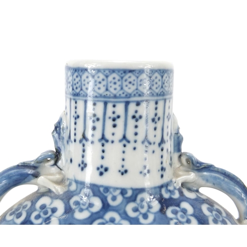 313 - Pair of Chinese blue and white porcelain moon flasks with twin handles, each hand painted with panel... 