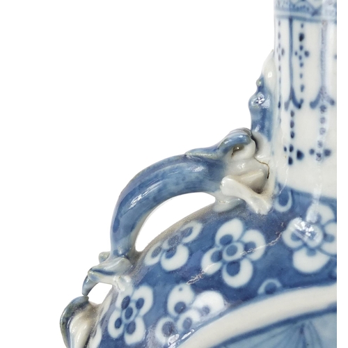 313 - Pair of Chinese blue and white porcelain moon flasks with twin handles, each hand painted with panel... 