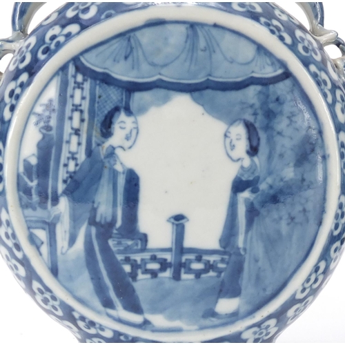 313 - Pair of Chinese blue and white porcelain moon flasks with twin handles, each hand painted with panel... 