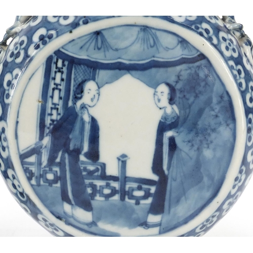 313 - Pair of Chinese blue and white porcelain moon flasks with twin handles, each hand painted with panel... 