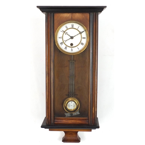 2051A - Walnut and ebonised wall clock with enamelled dial and Roman numerals, 64cm high