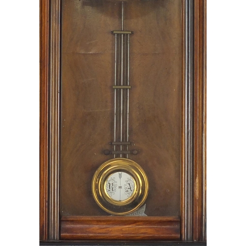 2051A - Walnut and ebonised wall clock with enamelled dial and Roman numerals, 64cm high