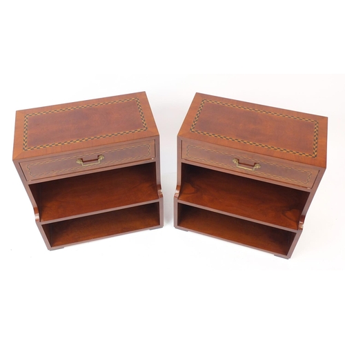2040 - Pair of feather band inlaid mahogany night stands, each fitted with a frieze drawer, 65cm H x 60cm W... 