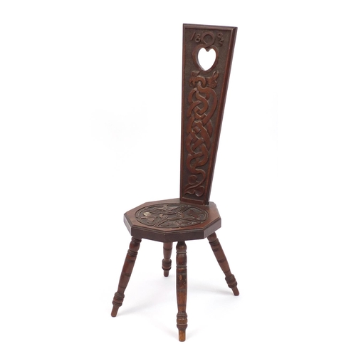2036 - Carved oak spinning chair 1895, 93cm high