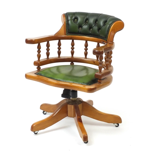2030 - Pine captains chair with green leather button back upholstery, 77cm high