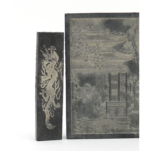 390 - Three Chinese ink stones including one carved with two young girls in a palace, the largest 11.5cm x... 