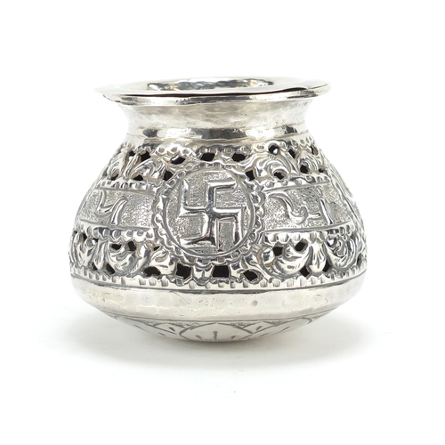 607A - Islamic unmarked silver incense burner, pierced and embossed with calligraphy,(tests as silver) 11cm... 