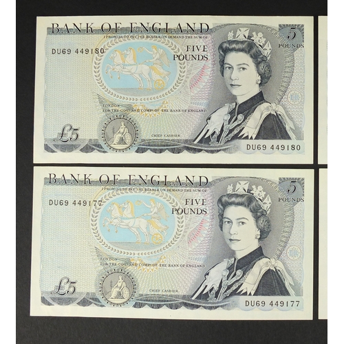 199 - Four Bank of England five pound notes with errors and consecutive serial numbers, each missing the C... 