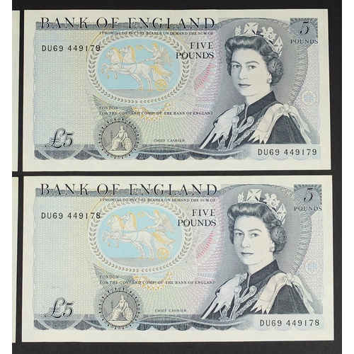 199 - Four Bank of England five pound notes with errors and consecutive serial numbers, each missing the C... 