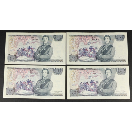 199 - Four Bank of England five pound notes with errors and consecutive serial numbers, each missing the C... 