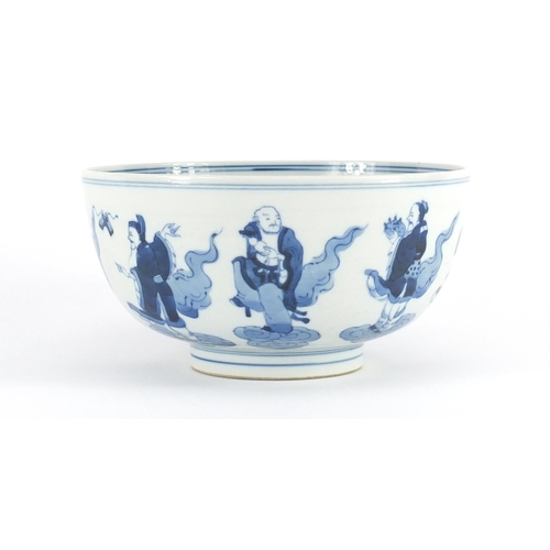 328a - Chinese blue and white porcelain footed bowl, hand painted with eight immortals, six figure Chenghua... 