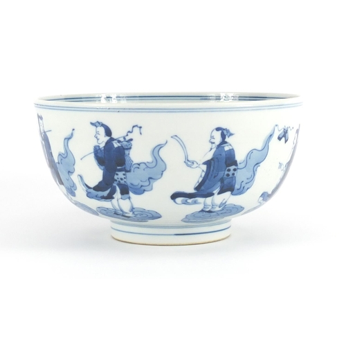 328a - Chinese blue and white porcelain footed bowl, hand painted with eight immortals, six figure Chenghua... 