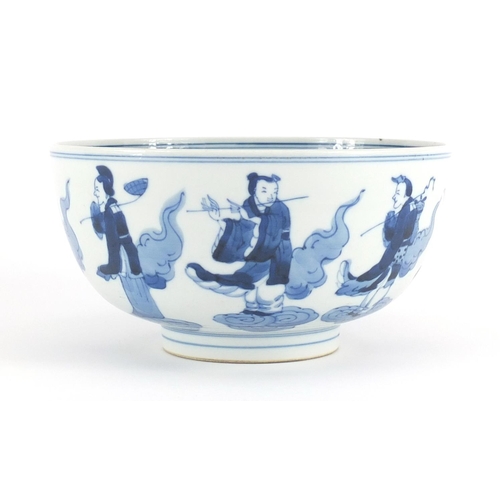 328a - Chinese blue and white porcelain footed bowl, hand painted with eight immortals, six figure Chenghua... 