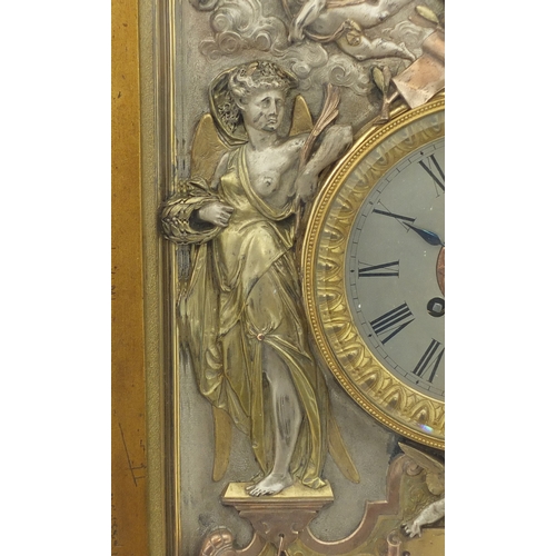 21 - Rare Victorian Elkington and Co clock, cast in relief with maidens and cherubs blowing horns, housed... 