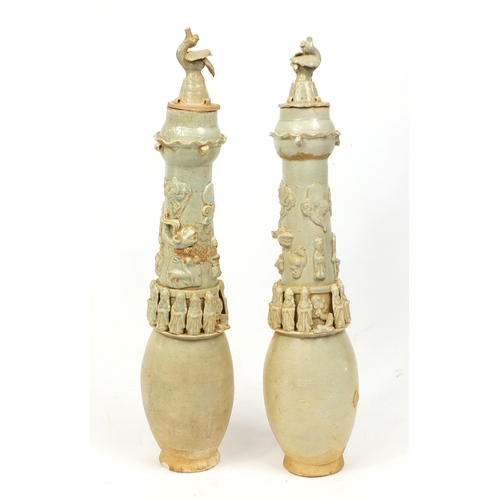 374 - Large pair of chinese stoneware vases and covers, 78cm high