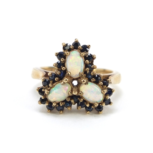 640 - 9ct gold opal and sapphire ring, size M, 6.2g