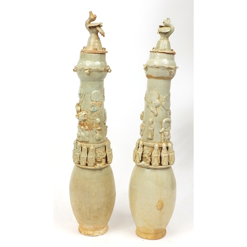 374 - Large pair of chinese stoneware vases and covers, 78cm high