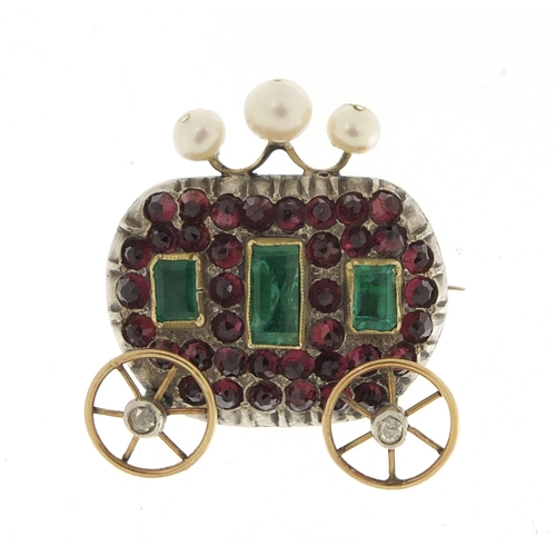 643 - Antique unmarked gold carriage brooch with rotating wheels, set with diamonds, emeralds, pearls and ... 