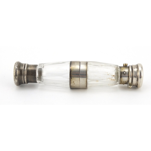 612 - Victorian cut glass double ended scent bottle, with silver coloured metal mounts, 12.5cm in length