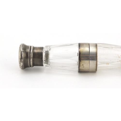 612 - Victorian cut glass double ended scent bottle, with silver coloured metal mounts, 12.5cm in length