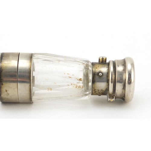 612 - Victorian cut glass double ended scent bottle, with silver coloured metal mounts, 12.5cm in length