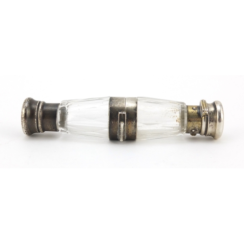 612 - Victorian cut glass double ended scent bottle, with silver coloured metal mounts, 12.5cm in length