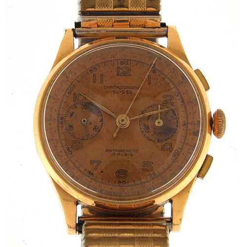 714A - Vintage gentleman's 18ct gold chronograph wristwatch, 3.8cm in diameter