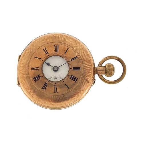 723A - Continental 9ct gold half hunter pocket watch, the case numbered 72906, 4.6cm in diameter, 65.4g