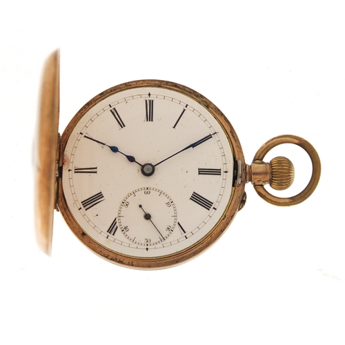 723A - Continental 9ct gold half hunter pocket watch, the case numbered 72906, 4.6cm in diameter, 65.4g