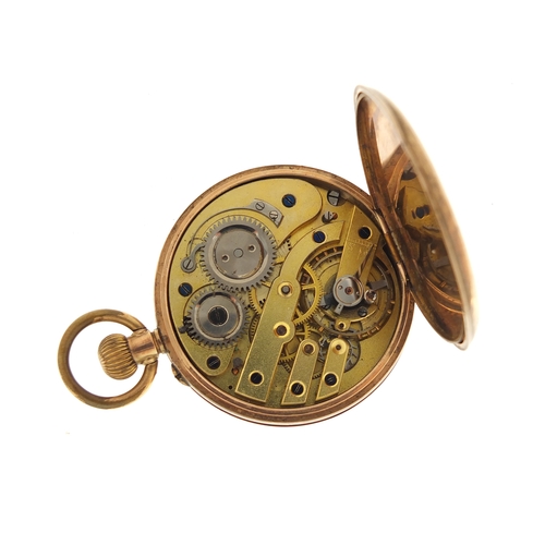 723A - Continental 9ct gold half hunter pocket watch, the case numbered 72906, 4.6cm in diameter, 65.4g