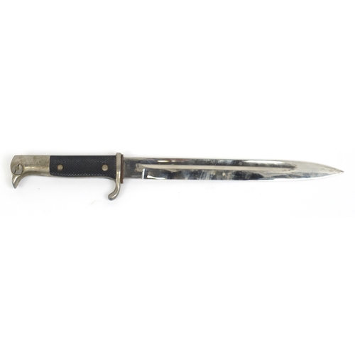 270 - German Military interest bayonet with scabbard, the steel blade engraved E Pack, 40.5cm in length