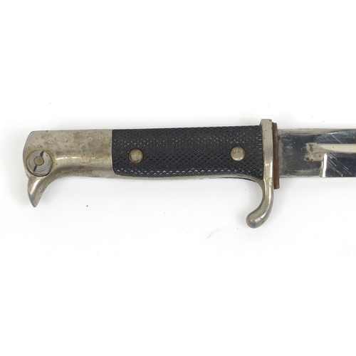 270 - German Military interest bayonet with scabbard, the steel blade engraved E Pack, 40.5cm in length