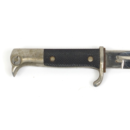 270 - German Military interest bayonet with scabbard, the steel blade engraved E Pack, 40.5cm in length