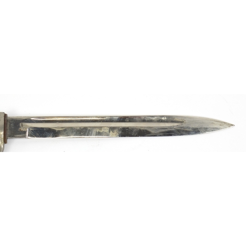 270 - German Military interest bayonet with scabbard, the steel blade engraved E Pack, 40.5cm in length