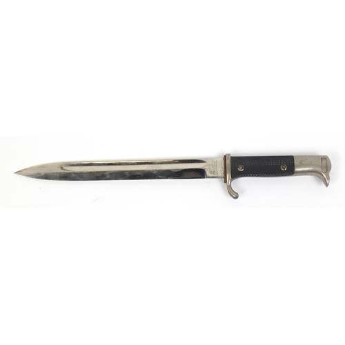 270 - German Military interest bayonet with scabbard, the steel blade engraved E Pack, 40.5cm in length