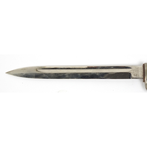 270 - German Military interest bayonet with scabbard, the steel blade engraved E Pack, 40.5cm in length