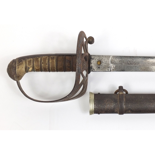 276 - British Military dress sword with scabbard and engraved steel blade, 102cm in length